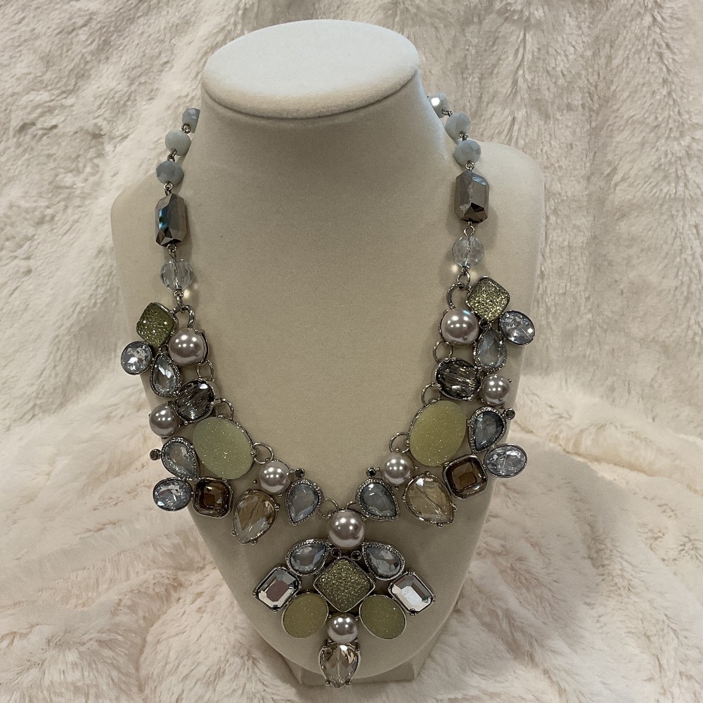 Chico’s Silver, Pearl and Crystal Bib Statement Necklace